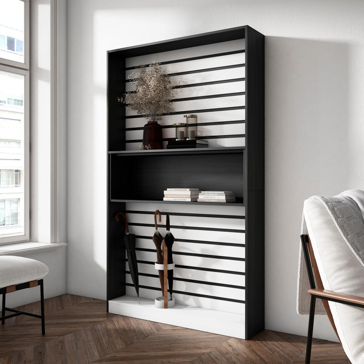 REGAL weiß und schwarz, 110/25/186cm - Schwarz/Weiß, Holzwerkstoff (110/186/25cm) - Skraut Home