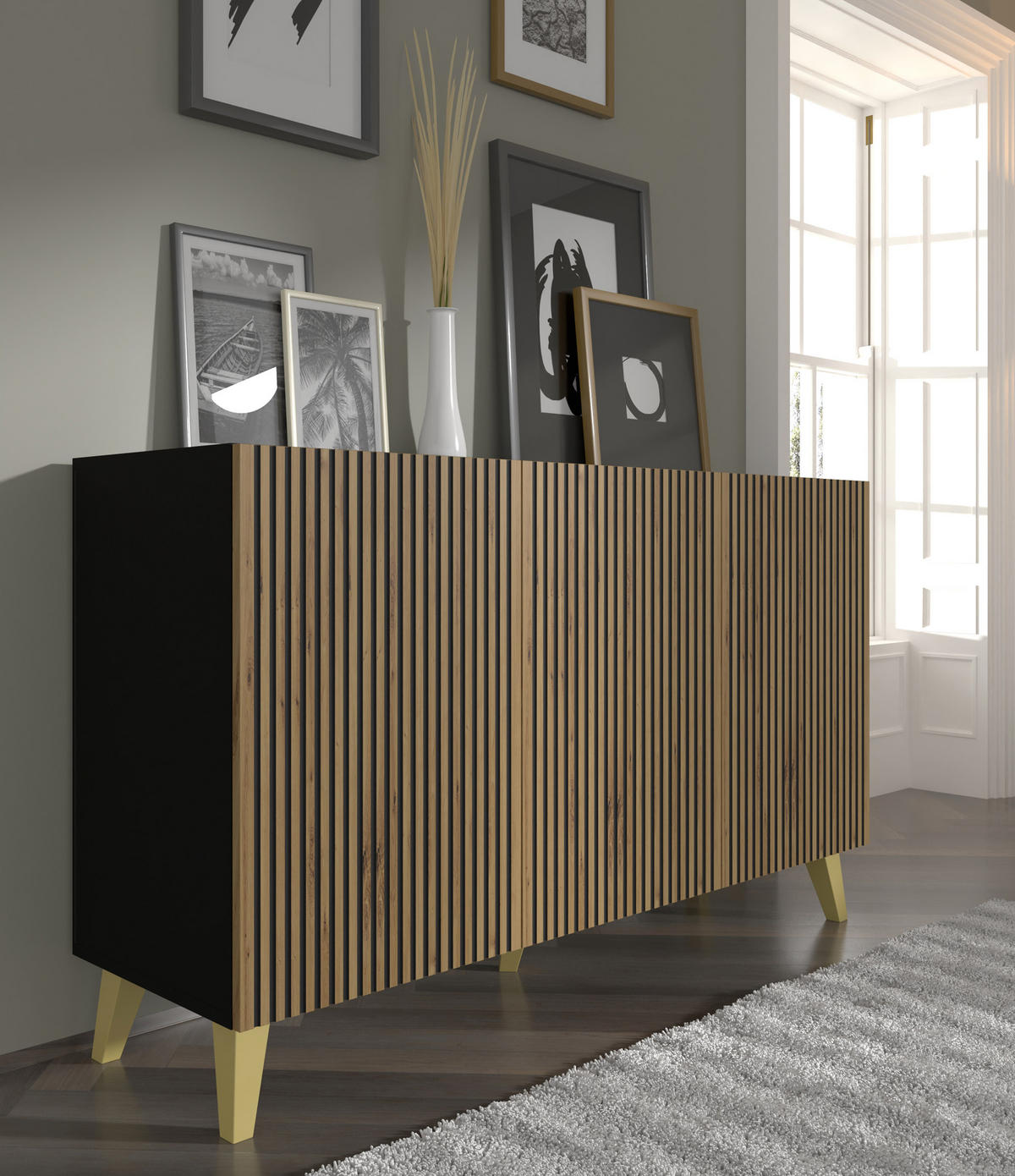 KOMMODE Schwarz, Artisan-Schwarz, Gold 150/87/42 - Schwarz, Holzwerkstoff (150/87/42cm) - RAUMHIRSCH FURNITURE