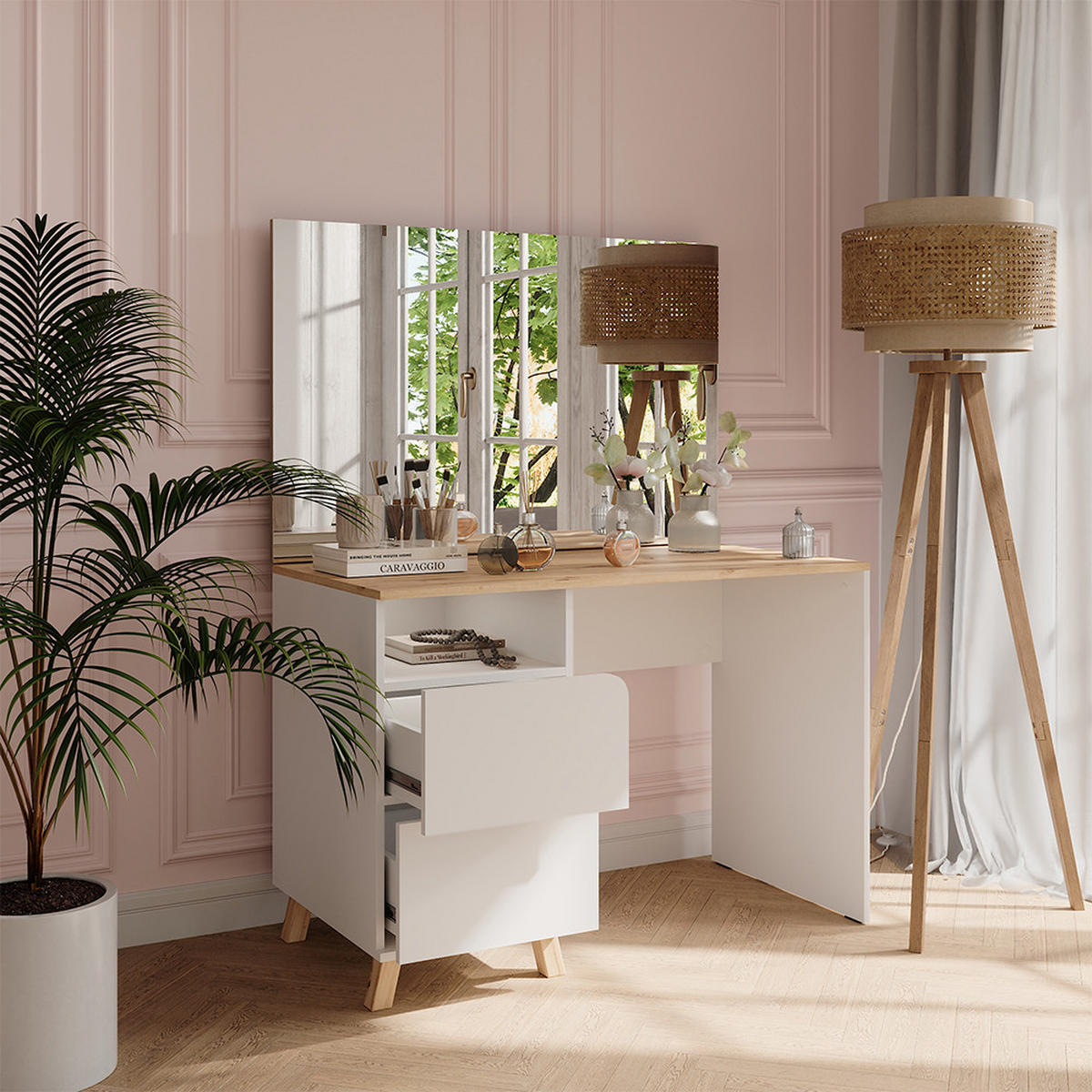 SCHMINKTISCH Karen Weiß/Artisan 110 cm mit Spiegel - Weiß/Eiche Artisan, Holzwerkstoff (110/75/55cm) - Vicco