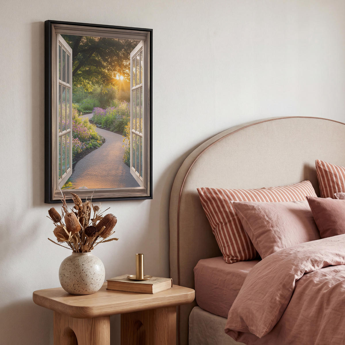 LEINWAND Bilder mit Rahmen - Aussicht - Blumen - Natur - Sonne - Weg - 40x60 - Hellgelb, Textil (40/60cm) - MuchoWow