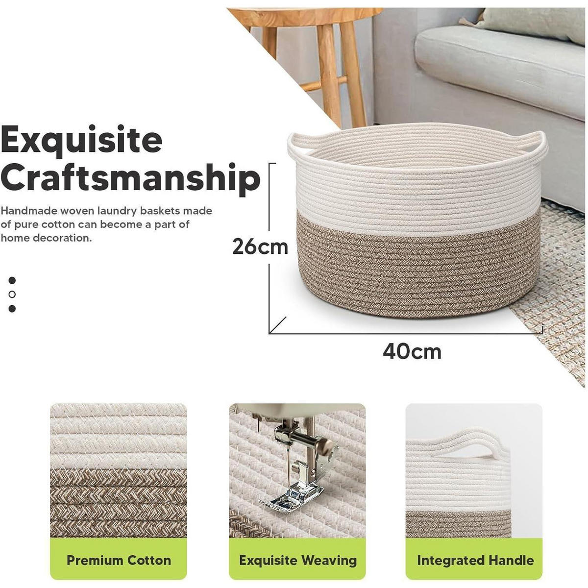WÄSCHEKORB Baumwolle Seil Φ40 x H25 cm Weiß+Braun - Multicolor, Textil (40/25/40cm)