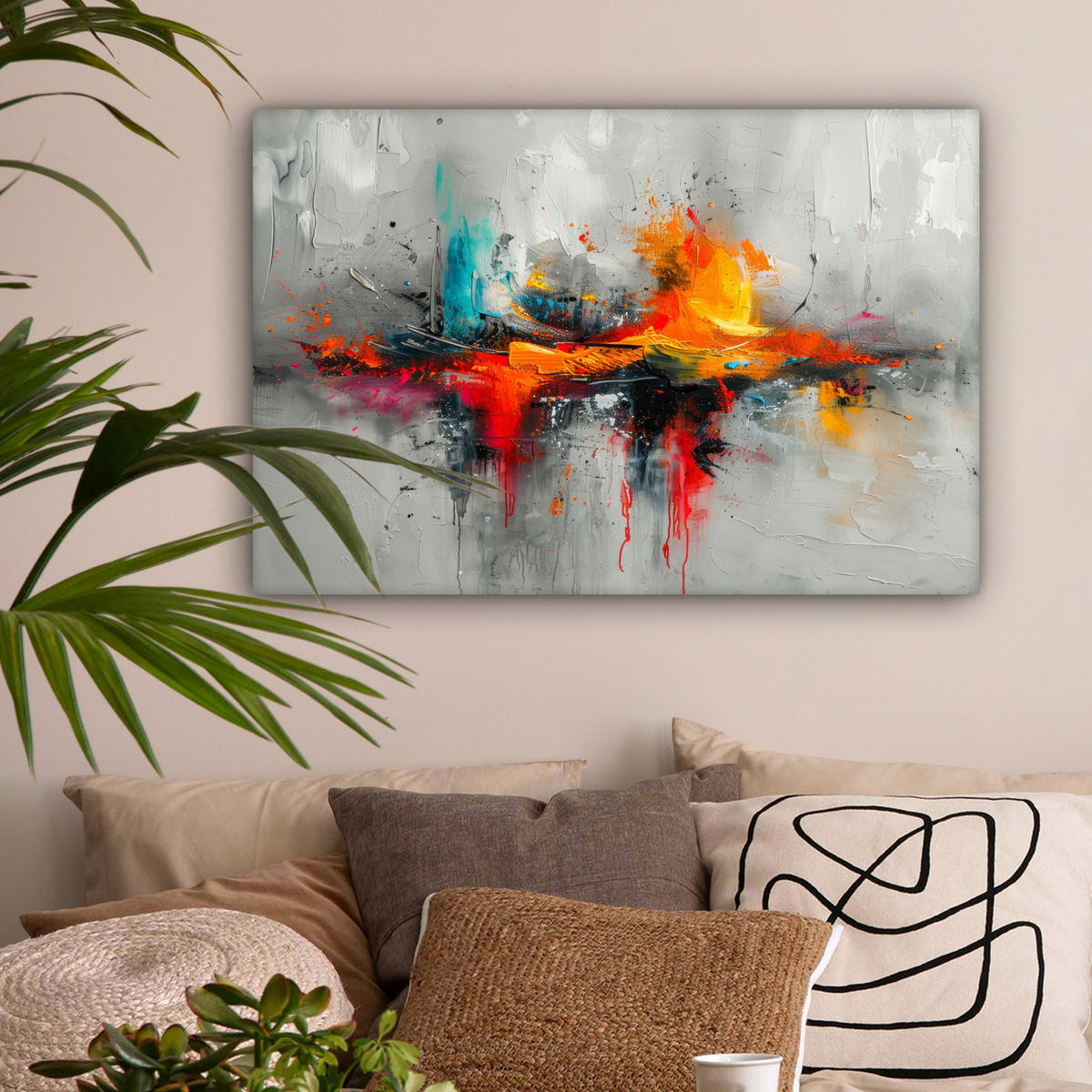 LEINWANDBILD Moderne Kunst - Orange - Grau - Abstrakt Gemälde 60x40 cm - Hellgrau, Textil (60/40cm) - MuchoWow