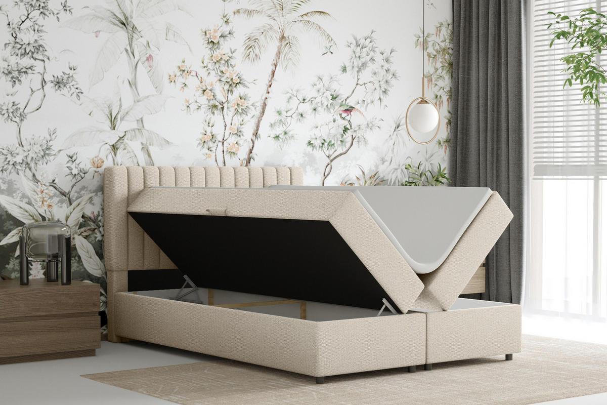 BOXBETT Everest beige 140 x 200 cm Doppelbett mit hochwertiger Bonell-Matratze und Topper - Creme, Holz (140/200cm) - Panda Möbel