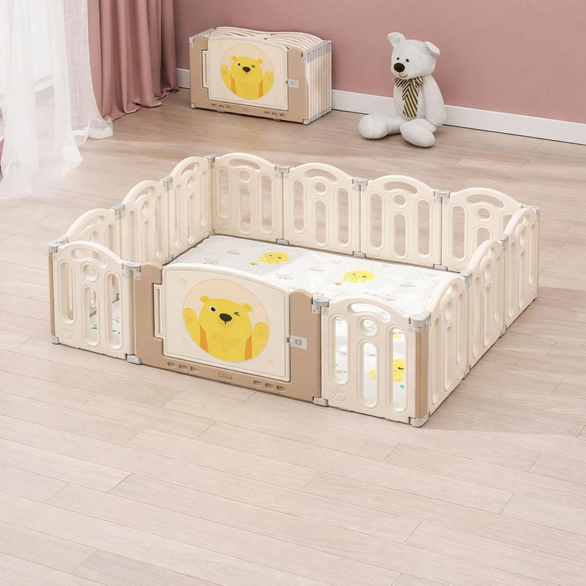 LAUFSTALL Teddy Land beige 160 x 120 cm, Spielmatte, 13-teilig, Saugnäpfe, Tür, faltbar - Beige, Kunststoff (120/48/160cm) - Moni