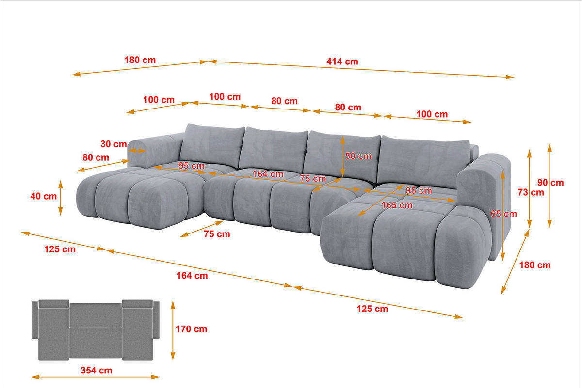 WOHNLANDSCHAFT Ottomane Links CLOUD-U 414x180x40 Hellgrau Velours - Hellgrau, Holzwerkstoff/Kunststoff (414/90/180cm) - ALTDECOR
