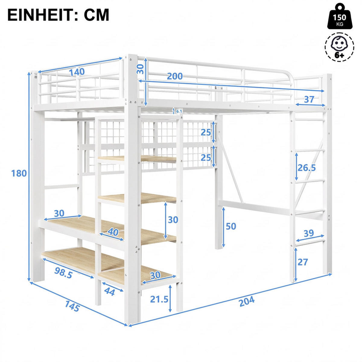 HOCHBETT 140/200 cm Weiß mit Netz zum Aufhängen von Gegenständen, Kleiderstange und LED-Lichtleiste - Weiß, Metall (140/200cm) - Oxeza