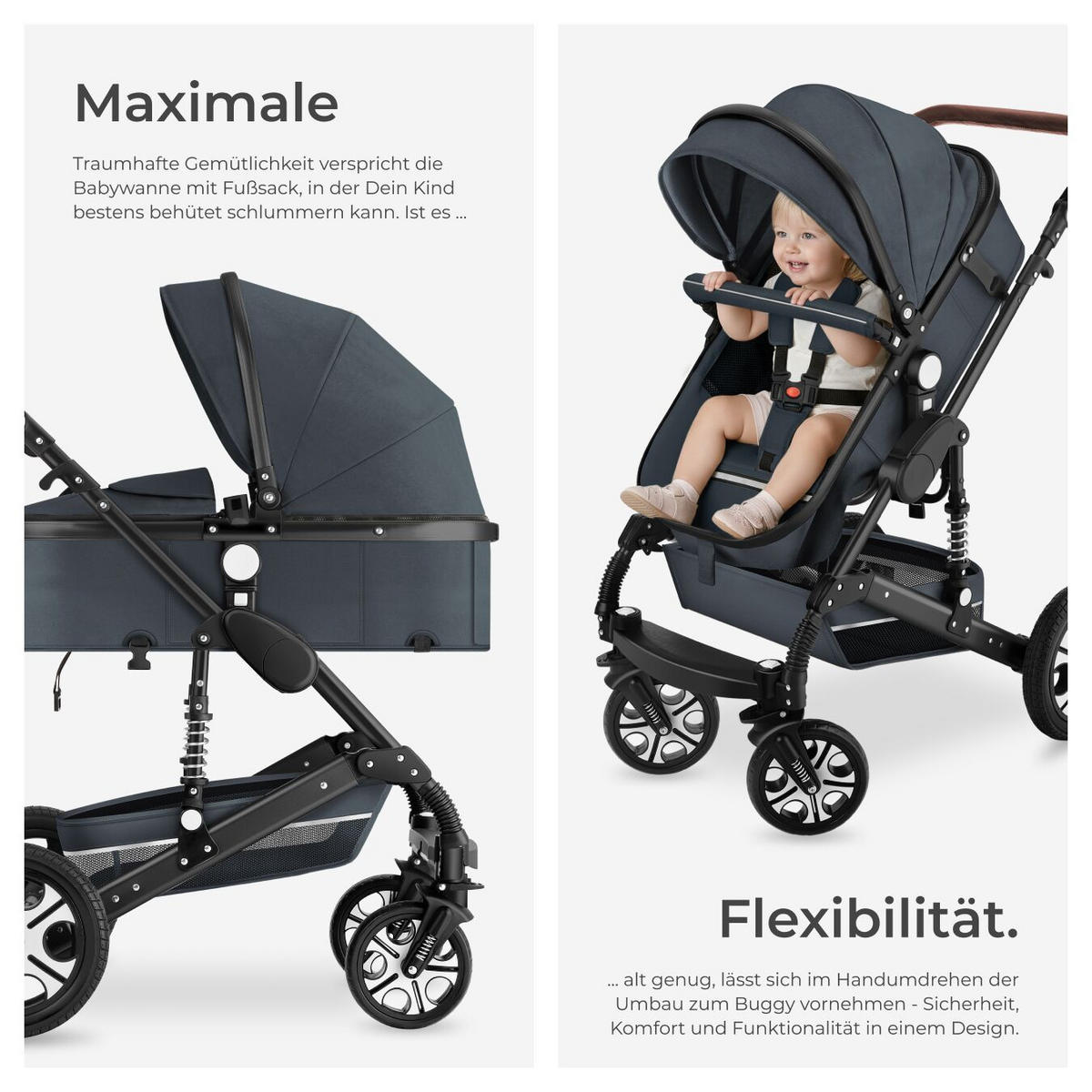 KOMBI-KINDERWAGEN Mats,für 0 bis 36 Monate geeignet, Belastbarkeit 15 kg,anthrazit - Anthrazit, Kunststoff (100/63/120cm) - tectake