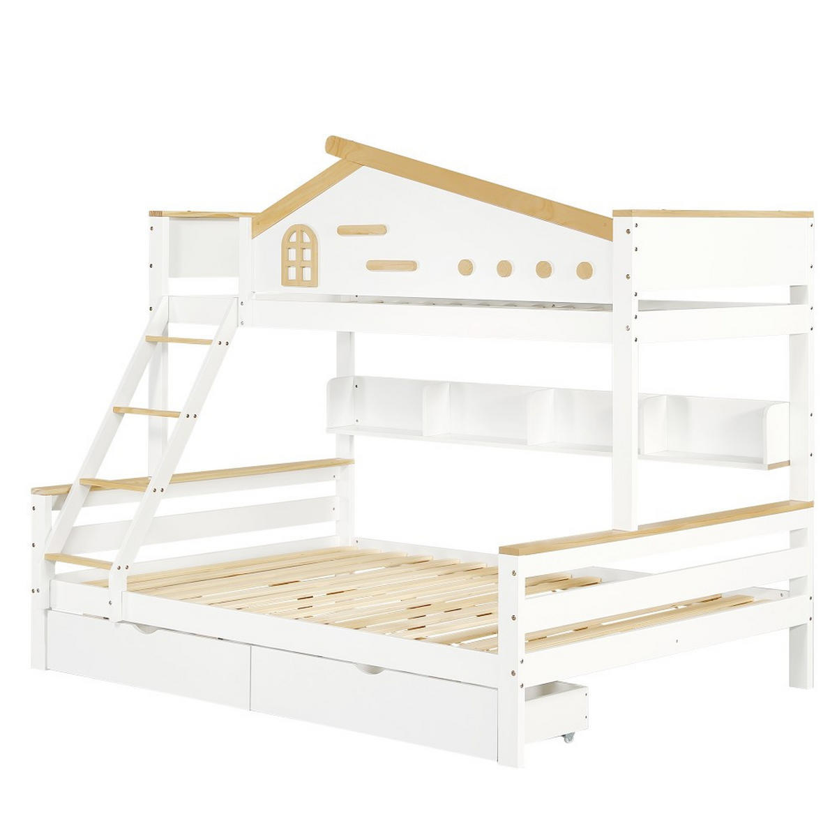 ETAGENBETT 90x200cm&140x200cm in Weiß+Natur mit Offenes Regal - Weiß, Holz (140/200cm) - KOMHTOM