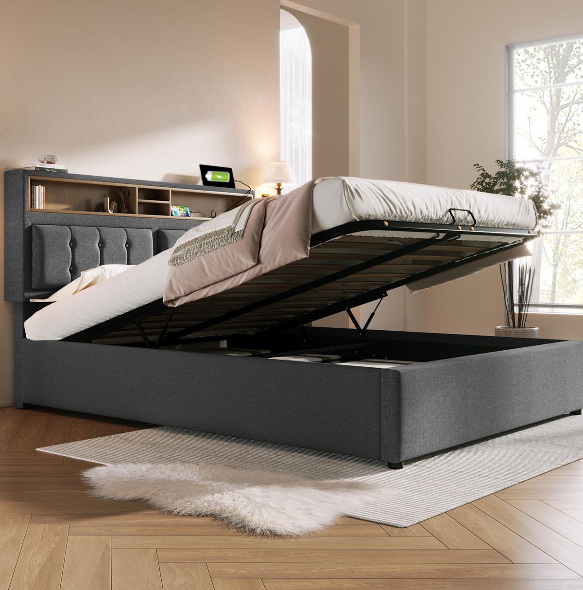 POLSTERBETT mit Matratze und Stauraum 140x200 cm Leinen Grau - Grau, Metall (140/200cm) - Beauniv