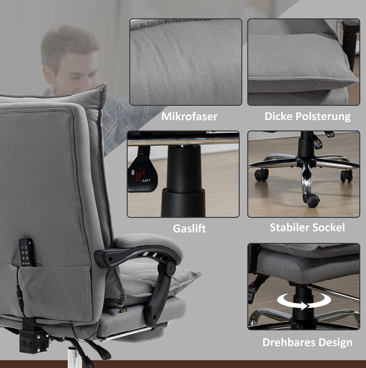 BÜROSTUHL in Grau 74x66x121,5 cm mit Massage- und Heizfunktion, neigbarer Rückenlehne und Fußstütze - Grau, Textil (66/121.5/74cm) - IVMEU