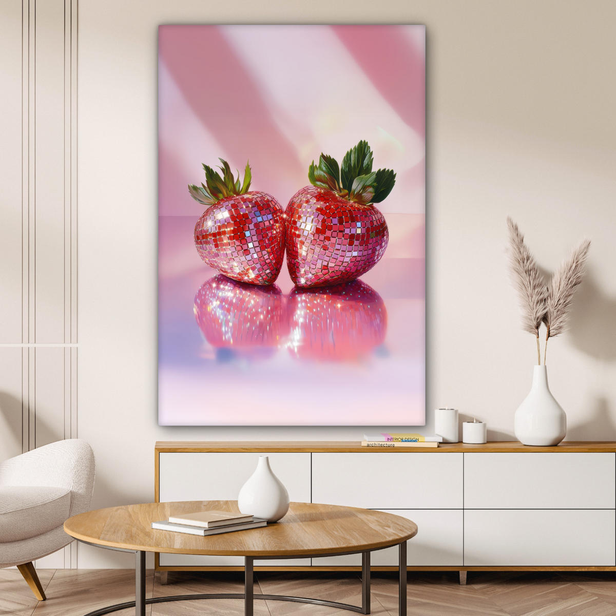 LEINWANDBILD Disco - Obst - Glitzer - Erdbeere 80x120 cm - Pink, Textil (80/120cm) - MuchoWow