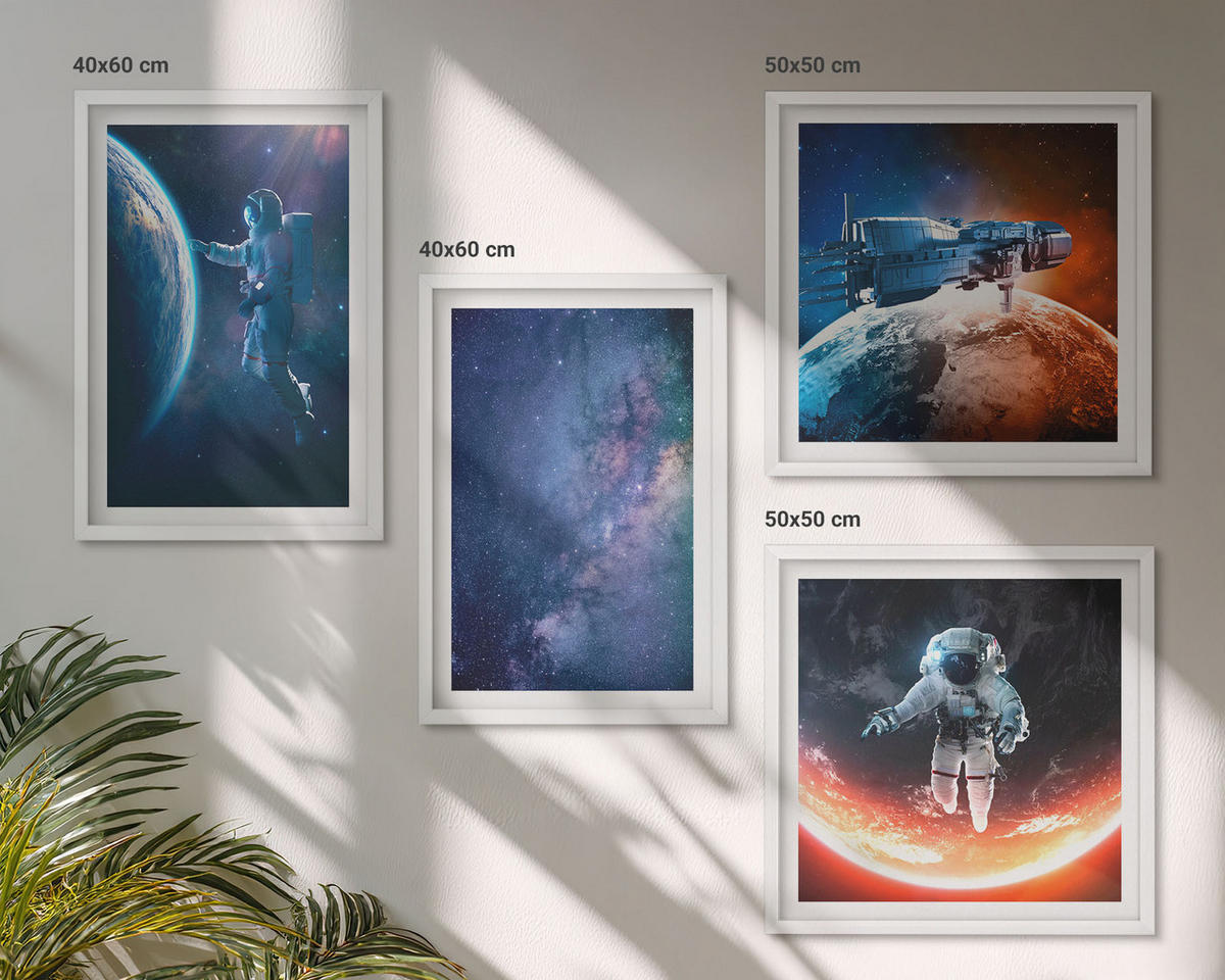 WANDBILDER 4er-Set - 50x50 cm & 40x60 cm Weißer Rahmen - Weltraum-Astronauten-Sterne - Weiß, Kunststoff (50/50cm) - ArtPrintCave