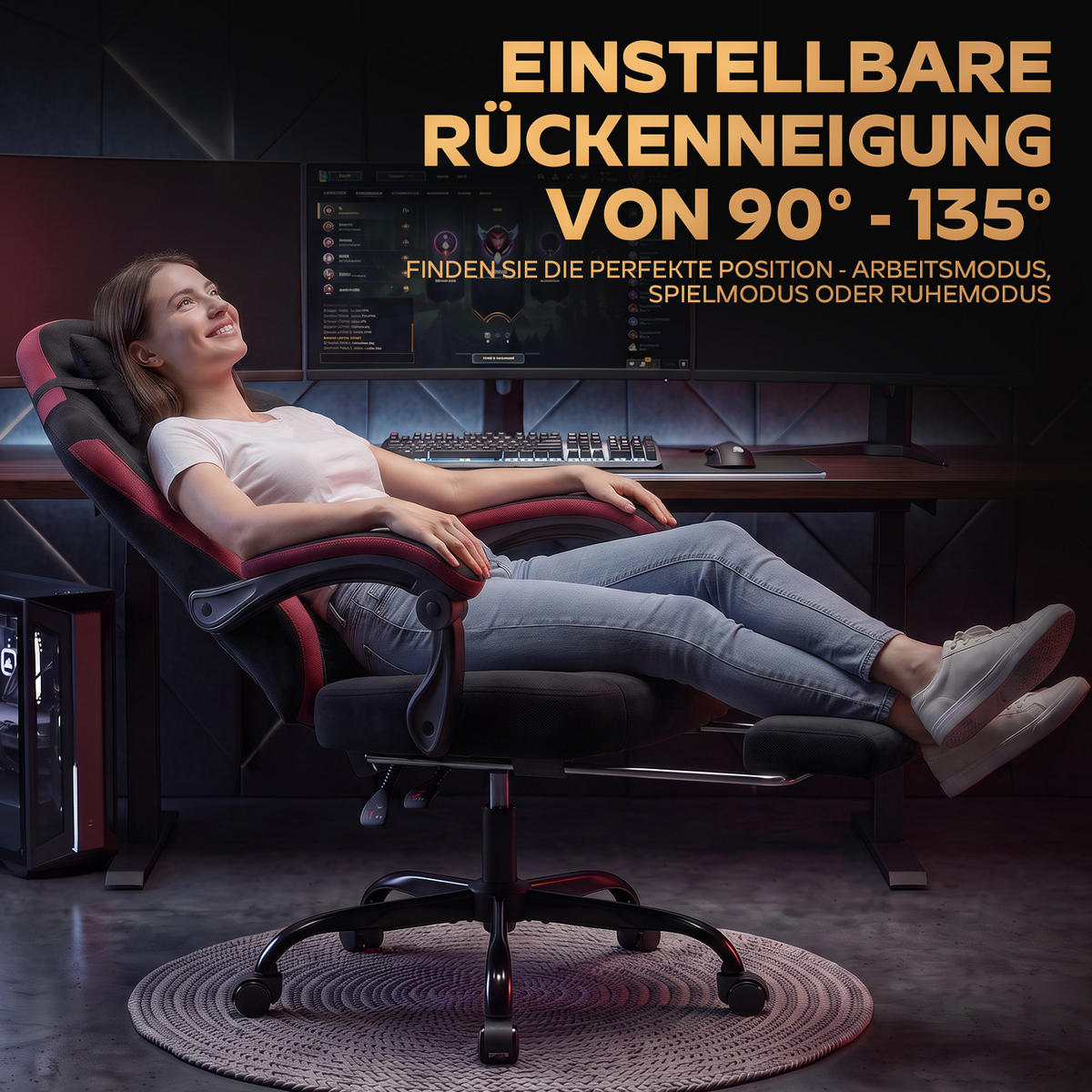 GAMINGSTUHL DE-40995 mit Nackenkissen und Rückenkissen Schwarz\Rot - Rot, Metall (58.5/120.5/63cm) - ComfortXL