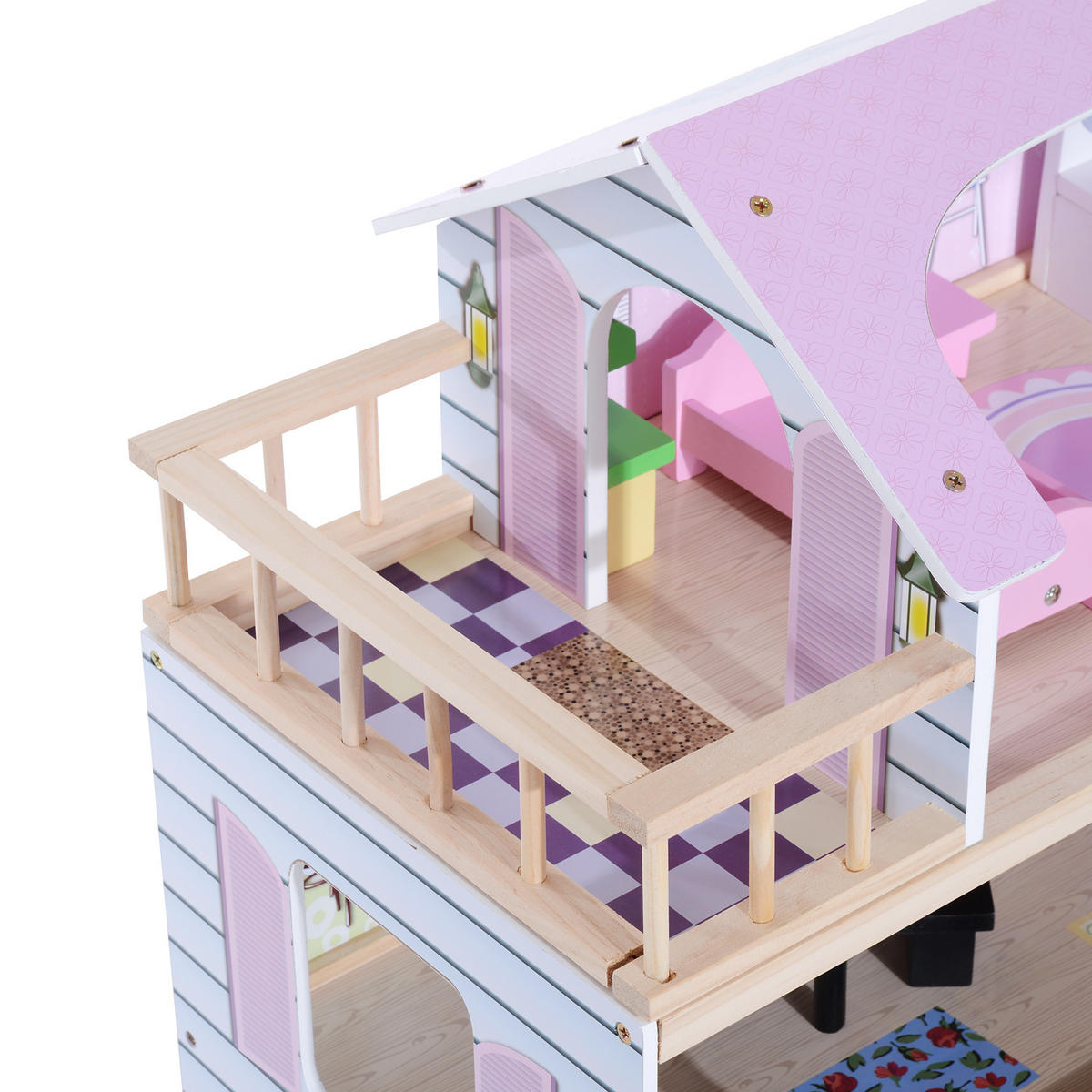 PUPPENHAUS DE-18719 4 Etagen mit 13 Accessoires & Balkon Weiß und Rosa - Pink, Holzwerkstoff (30/80/60cm) - ComfortXL