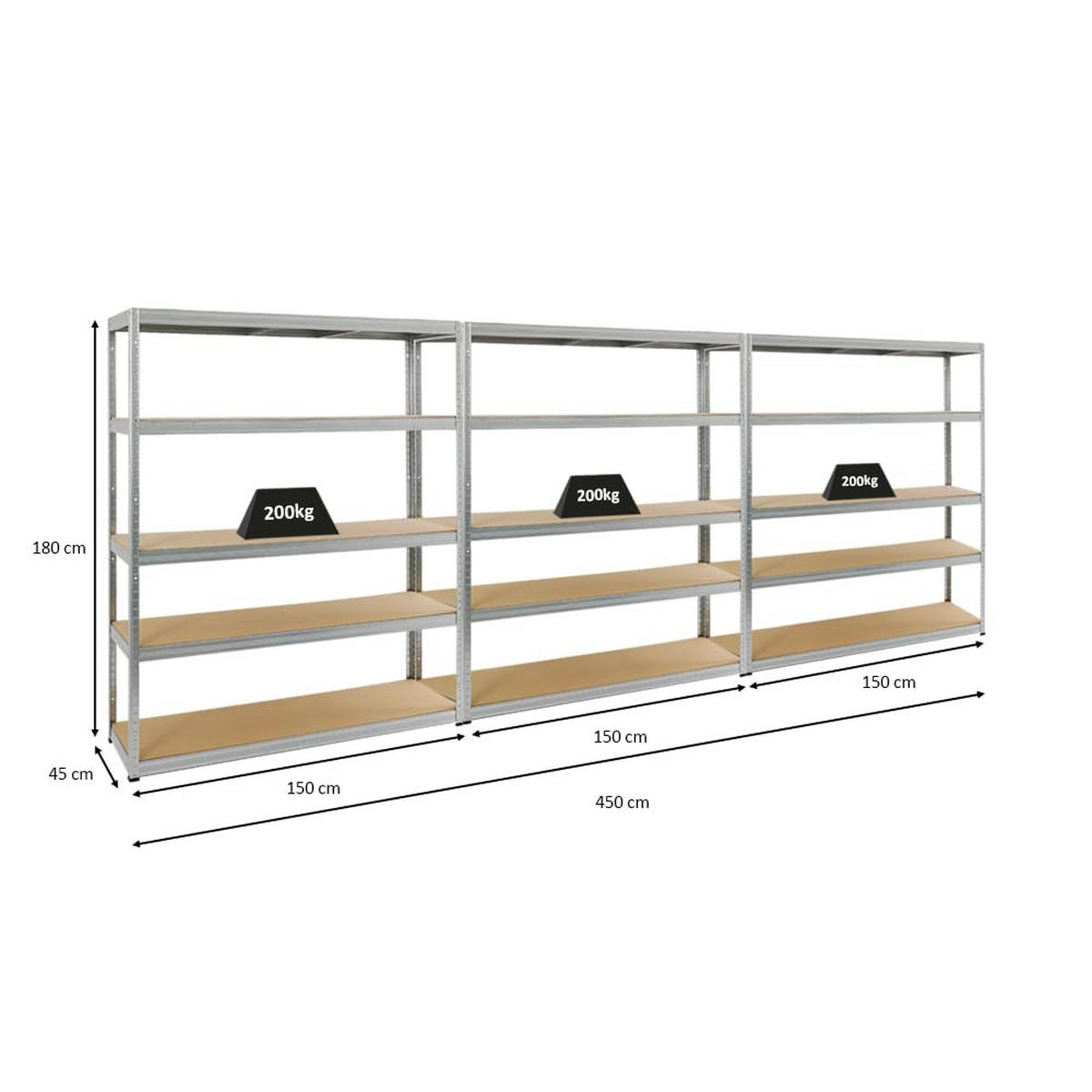 SCHWERLASTREGAL Giant Elephant 3er-Set mit 3x 180x150x45 cm Fachlast 200 kg Verzinkt - Silberfarben, Metall (450/180/45cm) - PROREGAL