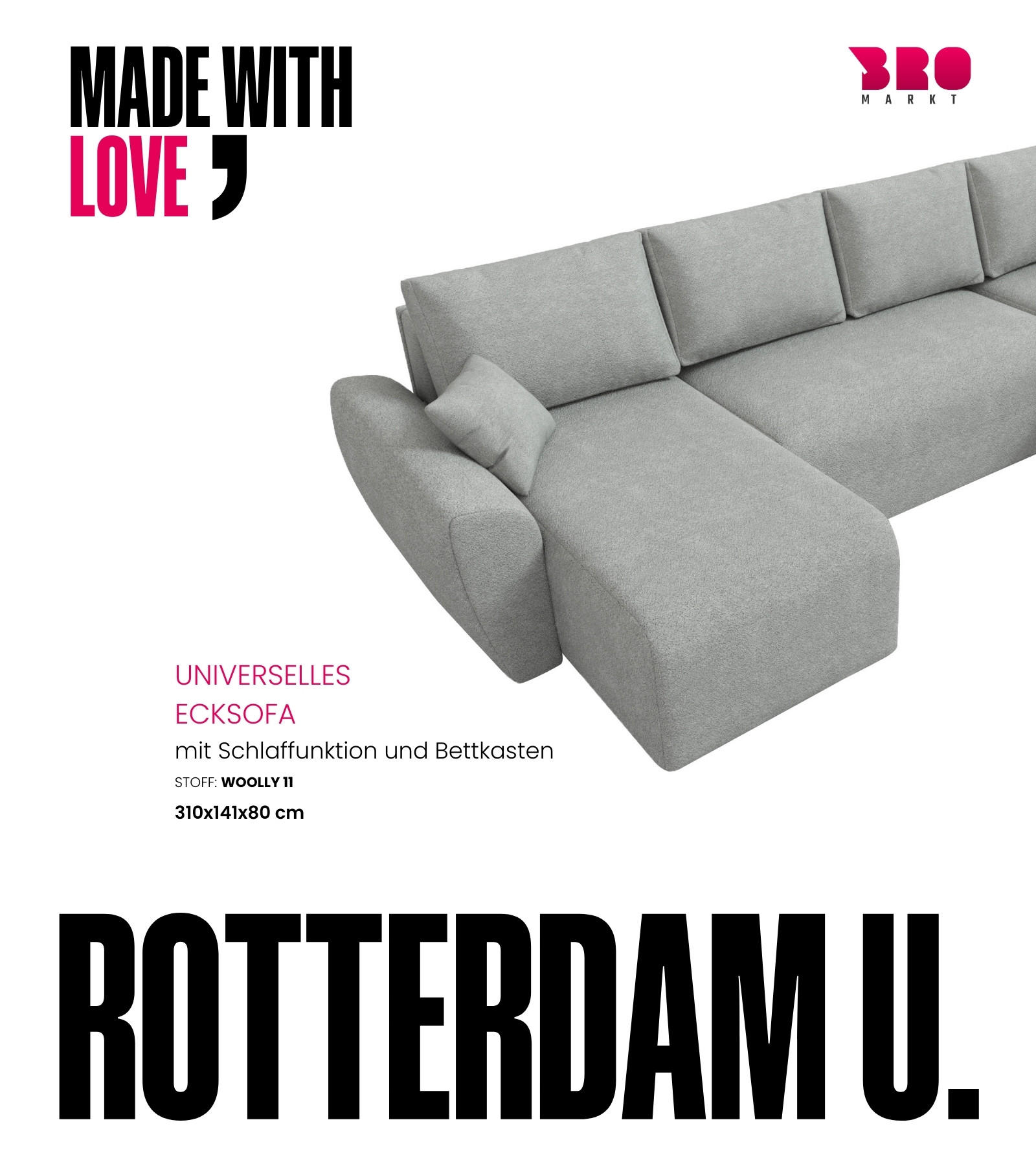 WOHLANDSCHAFT Rotterdam U mit Schlaffunktion Grau Bouclé - Hellgrau, Textil (310/80/141cm) - Bromarkt