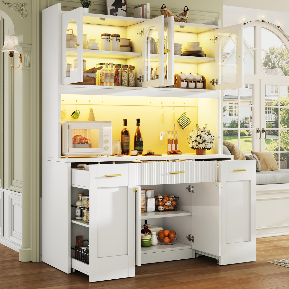 BUFFET DE-38485 120/40/187 cm mit LED und 3 Glasvitrinen Weiß - Weiß, Holzwerkstoff (120/187/40cm) - ComfortXL