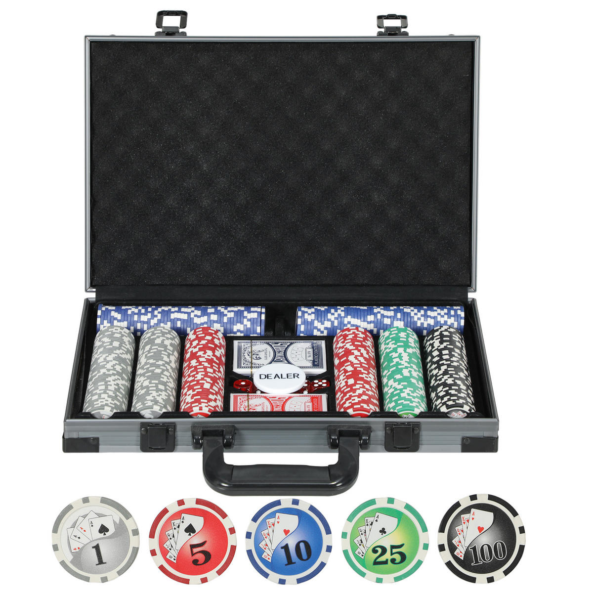 POKERKOFFER Pokerset mit 400 Chips 11,5 Gramm 2 Kartendecks 5 Würfeln - Grau, Kunststoff (28/39.5cm) - SPORTNOW