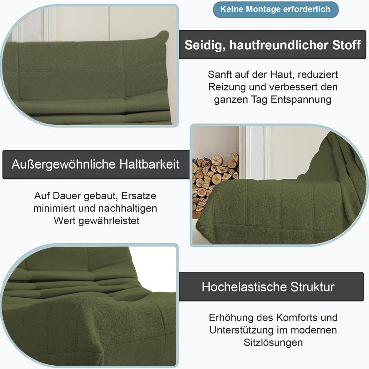 LOUNGESOFA 149/114/82 cm aus Teddyfell in Grün 2 Sitzer im skandinavischen Stil - Grün, Textil (120/82/149cm) - BEAOK
