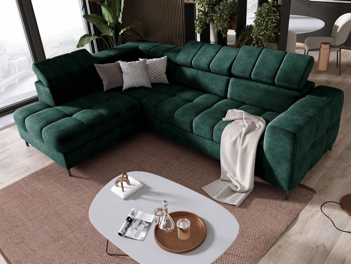 ECKSOFA PABLO CLOUD L‑förmig mit Bett, Bettkasten, verstellbaren Kopfstützen, weichen Metallfüßen, freistehend, LINKS, 201x270x97 cm Green - Grün, Holz/Textil (201/270cm) - DomoHome
