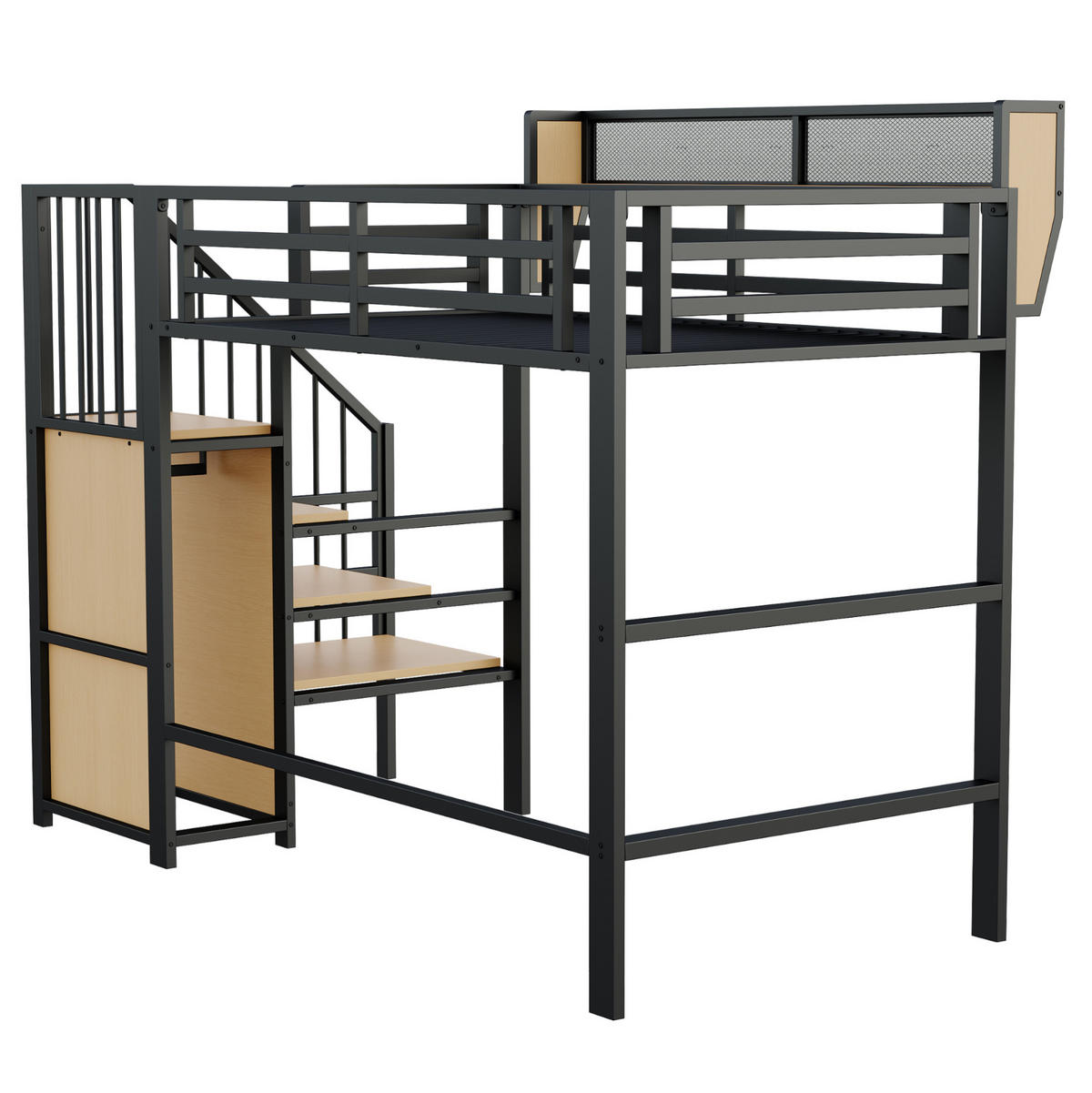 HOCHBETT 90/200 cm mit Sicherheitsleiter und flexiblem Regal, platzsparendes Metallbett, Schwarz - Schwarz, Metall (90/200cm) - Redom
