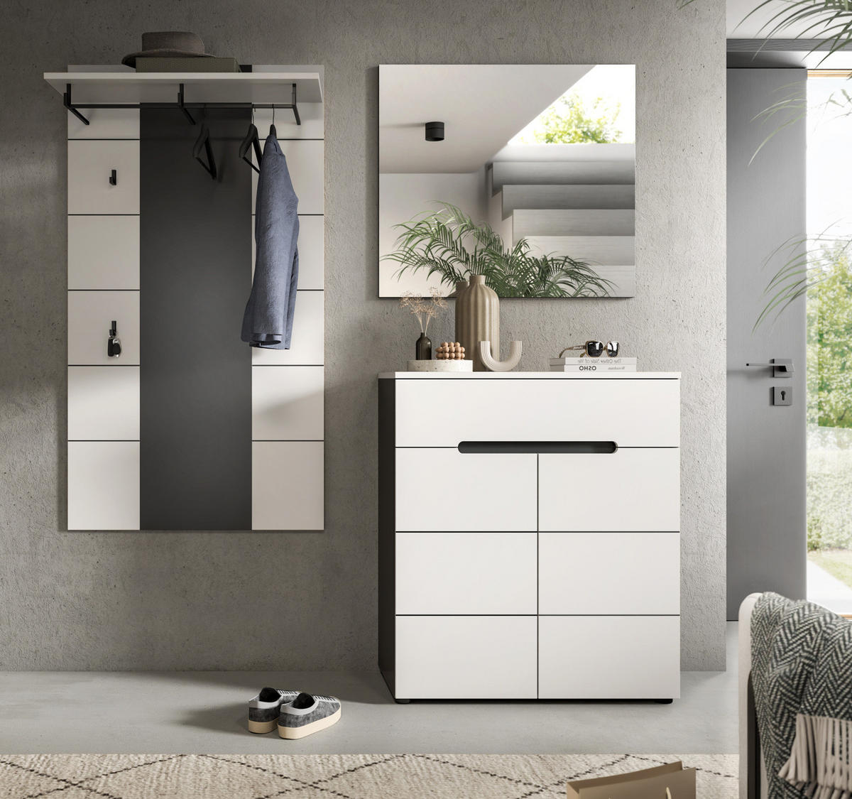 GARDEROBEN-SET 3-teilig weiß, grau 175 cm, Garderobenschränke mit Soft-Close, Cooper - Schwarz/Weiß, Glas/Holzwerkstoff (75/190/37cm) - Inn.Furn