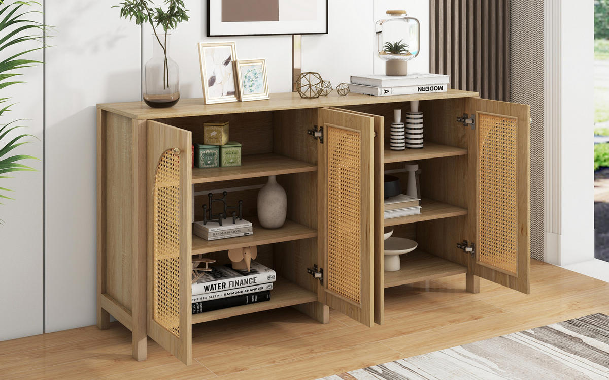 SIDEBOARD aus MDF 145x80x40 cm Natur mit 4 Rattantüren, Metallgriffen und verstellbaren Regalböden - Naturfarben, Holzwerkstoff (145/40/80cm) - Modfu