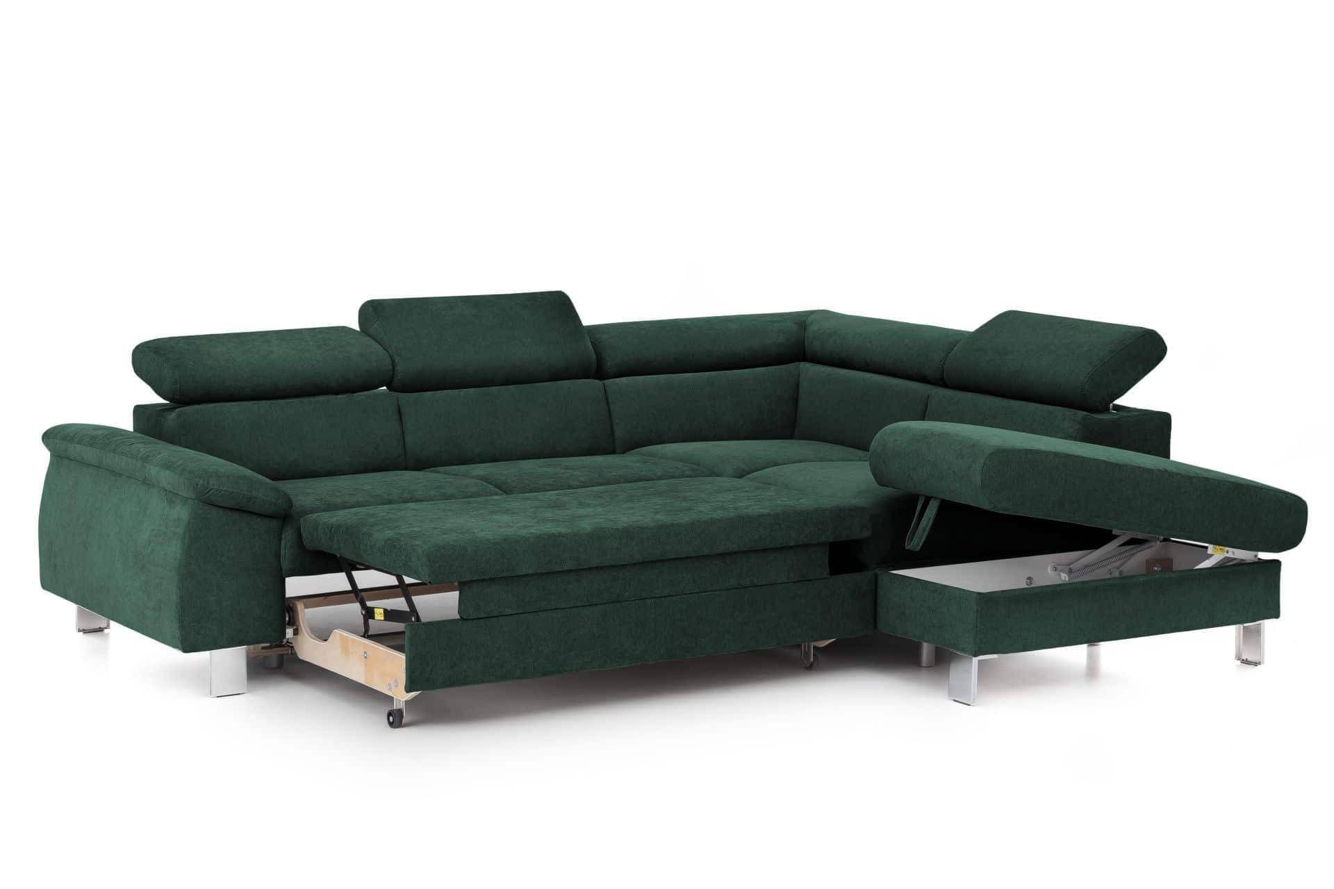 ECKSOFA mit Schlaffunktion und Bettkasten - Chromfarben/Grün, Holz/Textil (207/249cm) - Cotta