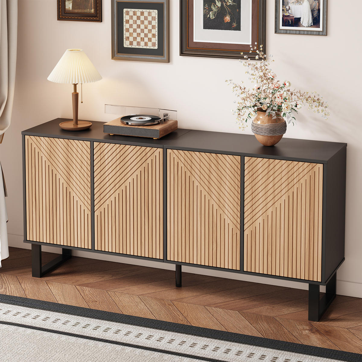 SIDEBOARD Schwarz Holzmaserung 3D-Streifen Extra Stauraum - Schwarz, Holzwerkstoff (38/75/160cm) - FLIEKS