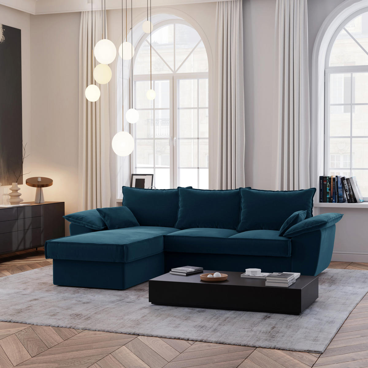 ECKSOFA LINKS Samtstoff Pfauenblau 257cm - Blau/Hellblau, Textil (168/257cm) - Sia Home