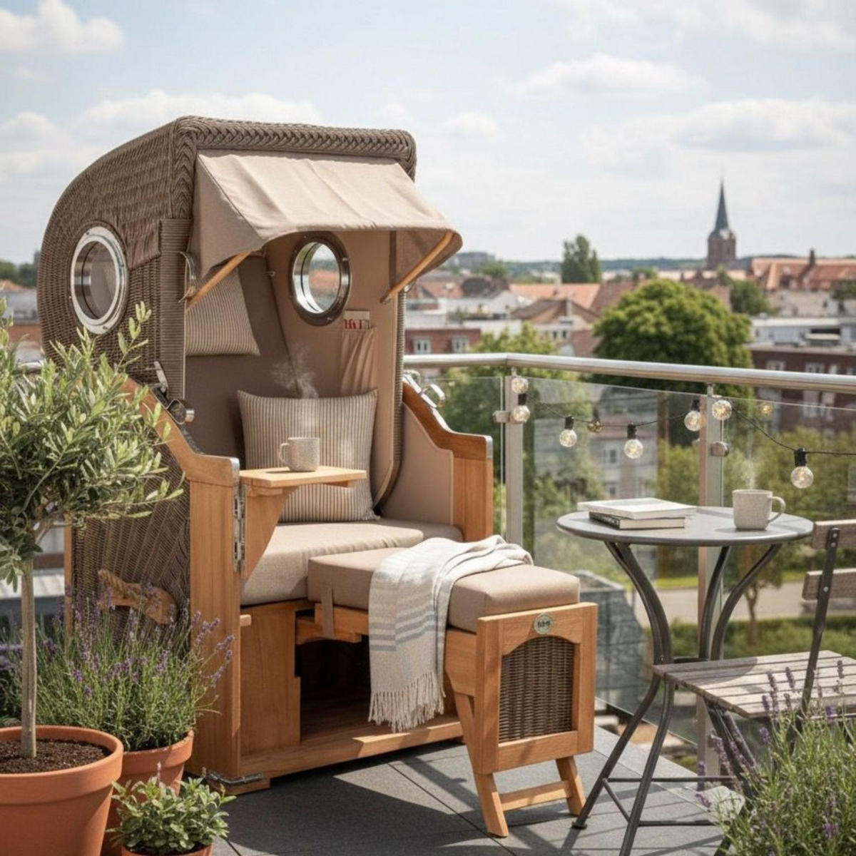 STRANDKORB Komplettset: Ammersee Single Teak Bullauge - PE grau - Modell 534 - Beige/Braun, Holz/Kunststoff (96/165/80cm) - bene living