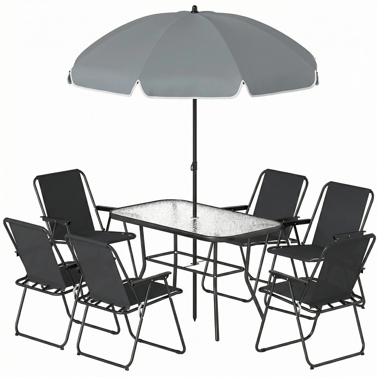 GARTEN-SET 8-teilig,Sonnenschirm+6 Klappstühle+Glastisch,schwarz - Schwarz, Metall - Vallsero