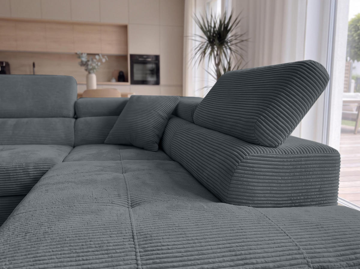 ECKSOFA L Form Konak Dunkelgrau 276/201/90 cm Rechts mit Schlaffunktion - Dunkelgrau/Silberfarben, Textil/Metall (276/203cm) - AX Living