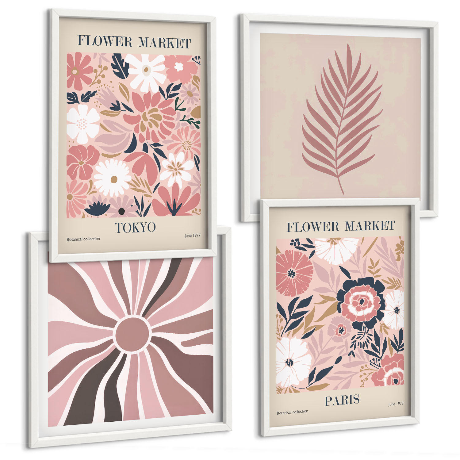 BILDER SET 4er Set - 50x50 cm & 40x60 cm Weißer Rahmen - Blumenmuster, Blätter, Geometrie - Weiß, Kunststoff (50/50cm) - TULUP