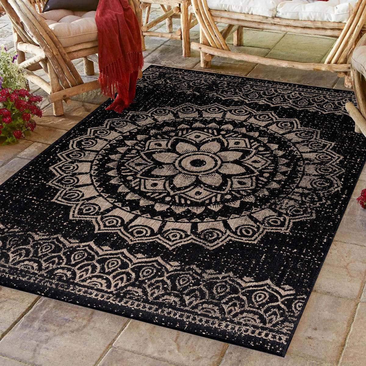 TEPPICH Outdoor Flachgewebe Used-Look Polypropylen Küche Schwarz Rechteckig 120x170 - Schwarz, Textil (120/170cm) - KADIMA DESIGN
