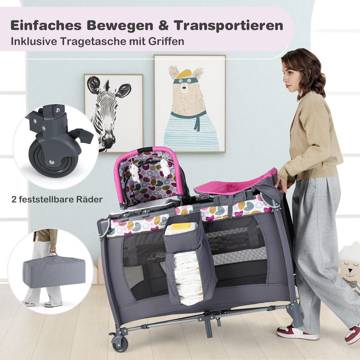 BABYBETT mit Matratze rosa - Pink, Textil - COSTWAY