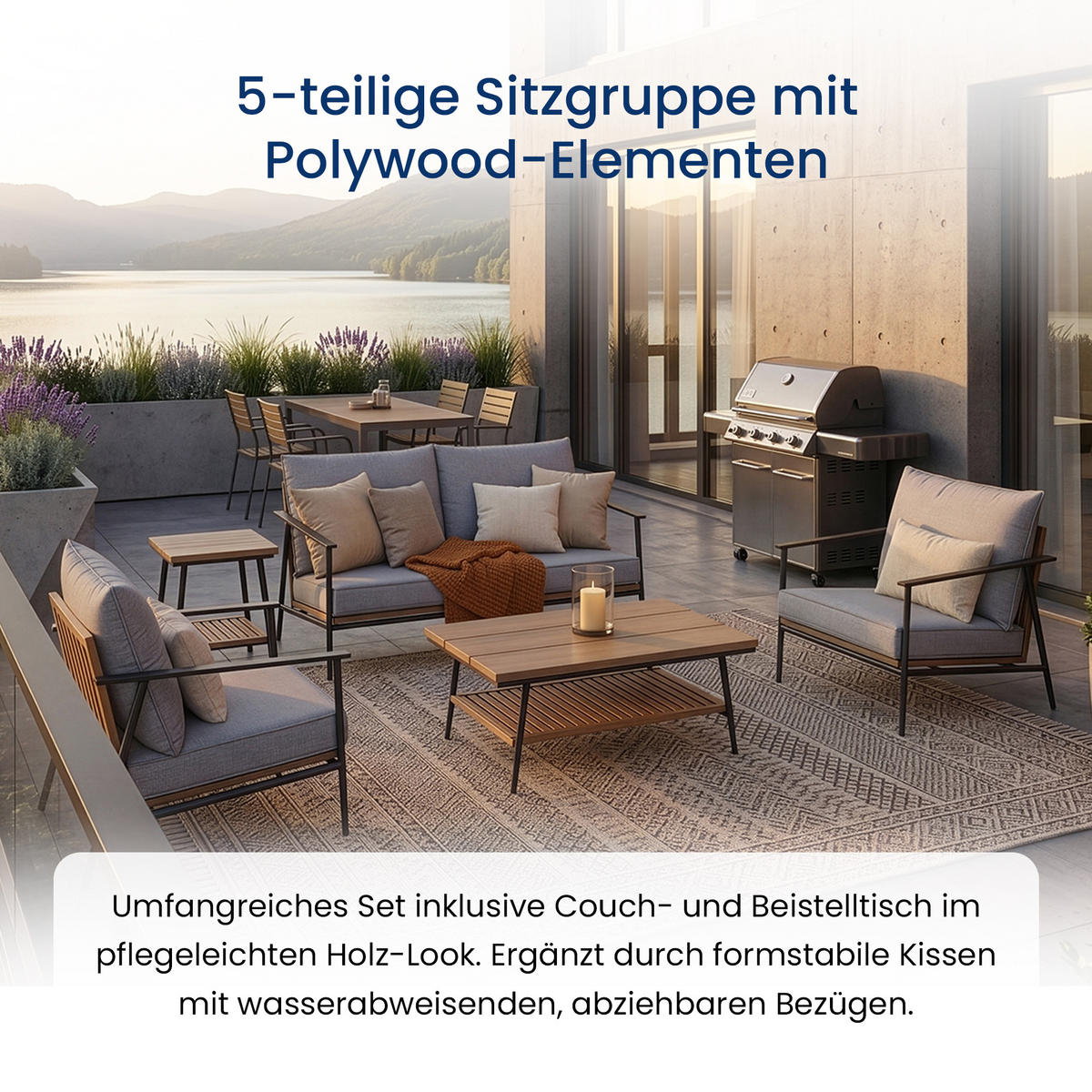 GARTENMÖBEL-SET mit 1 2-Sitzer-Sofa. 2 Einzelstühlen. 1 Couchtisch und 1 Beistelltisch. Schwarz. Grau und Eiche natur - Schwarz/Naturfarben, Metall - Home Collective