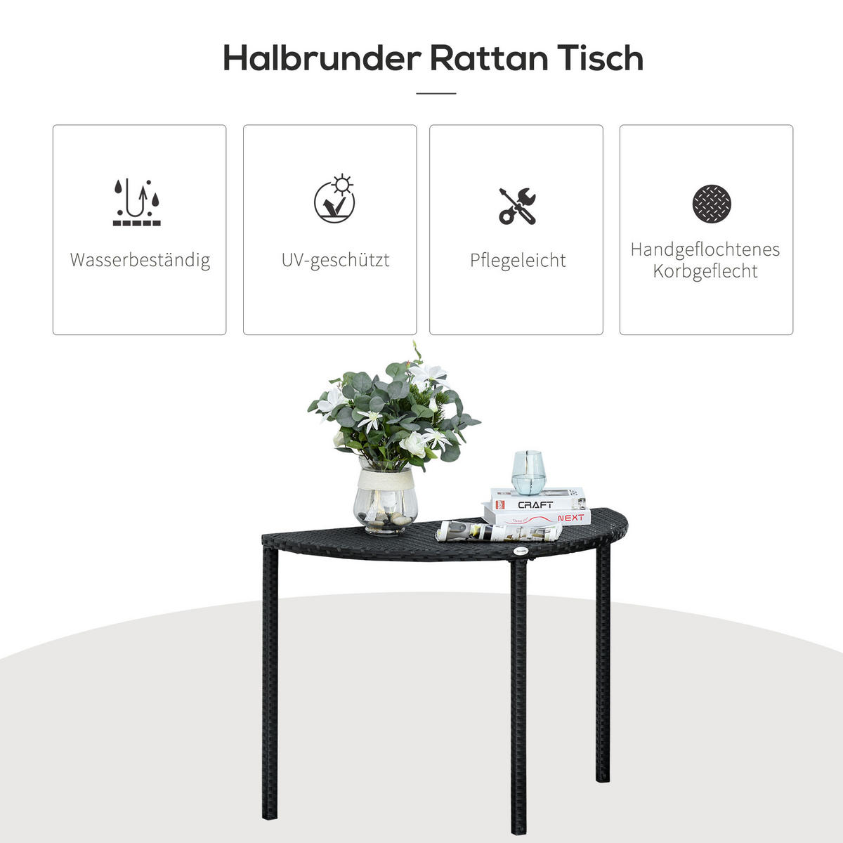 BALKONTISCH, Schwarz, Polyrattan, Metall - Schwarz, Kunststoff (100/50/74cm) - Outsunny