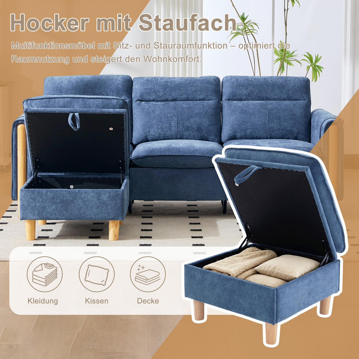 ECKSOFA 201/110/86 cm Blau mit Aufbewahrungshocker und Seitentaschen - Blau, Holz/Textil (201/110cm) - Oxeza
