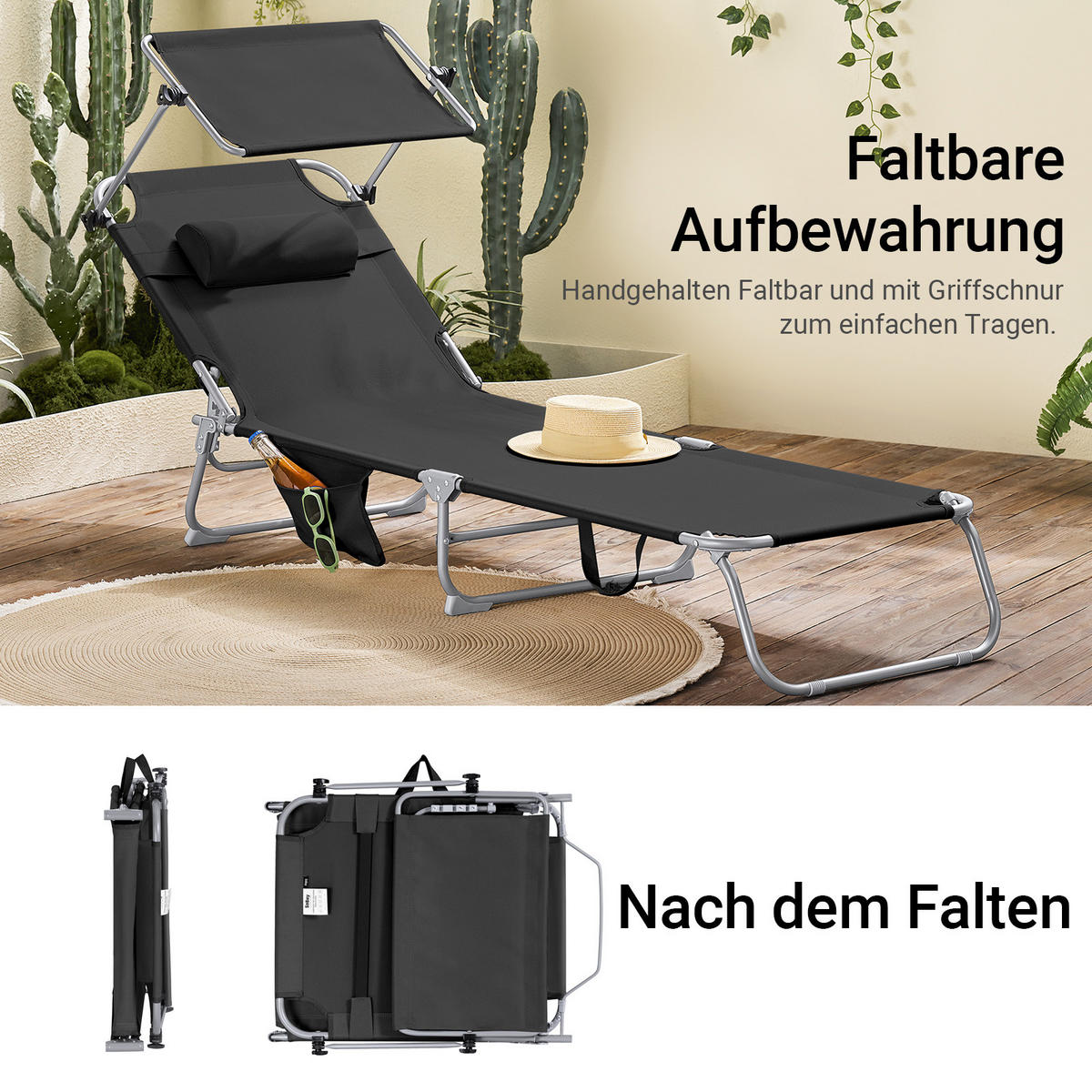 SONNENLIEGE 2er Set Schwarz - Schwarz, Textil/Metall (195/90/63cm) - SoBuy
