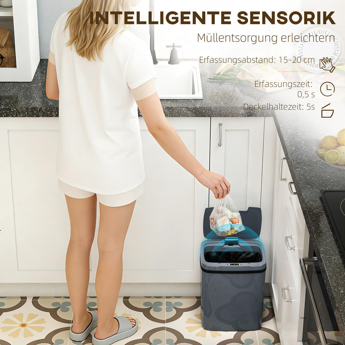 SENSOR Mülleimer 15L Automatischer Mülleimer mit zwei Öffnungsmodi Abfalleimer - Grau, Kunststoff (21.4/33.5/27.6cm) - HOMCOM