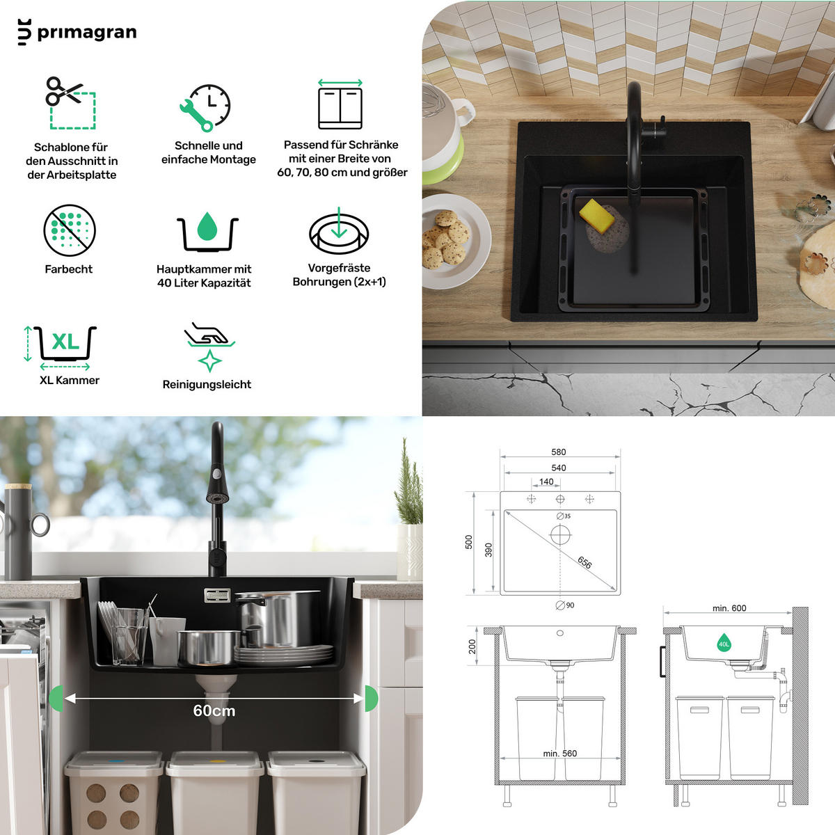 SPÜLBECKEN Riga, 2-er set Schwarz 58/50 cm 1 Becken + Ablauf-Set ab 60er Unterschrank - Chromfarben/Schwarz, Kunststoff (58/20/50cm) - Primagran