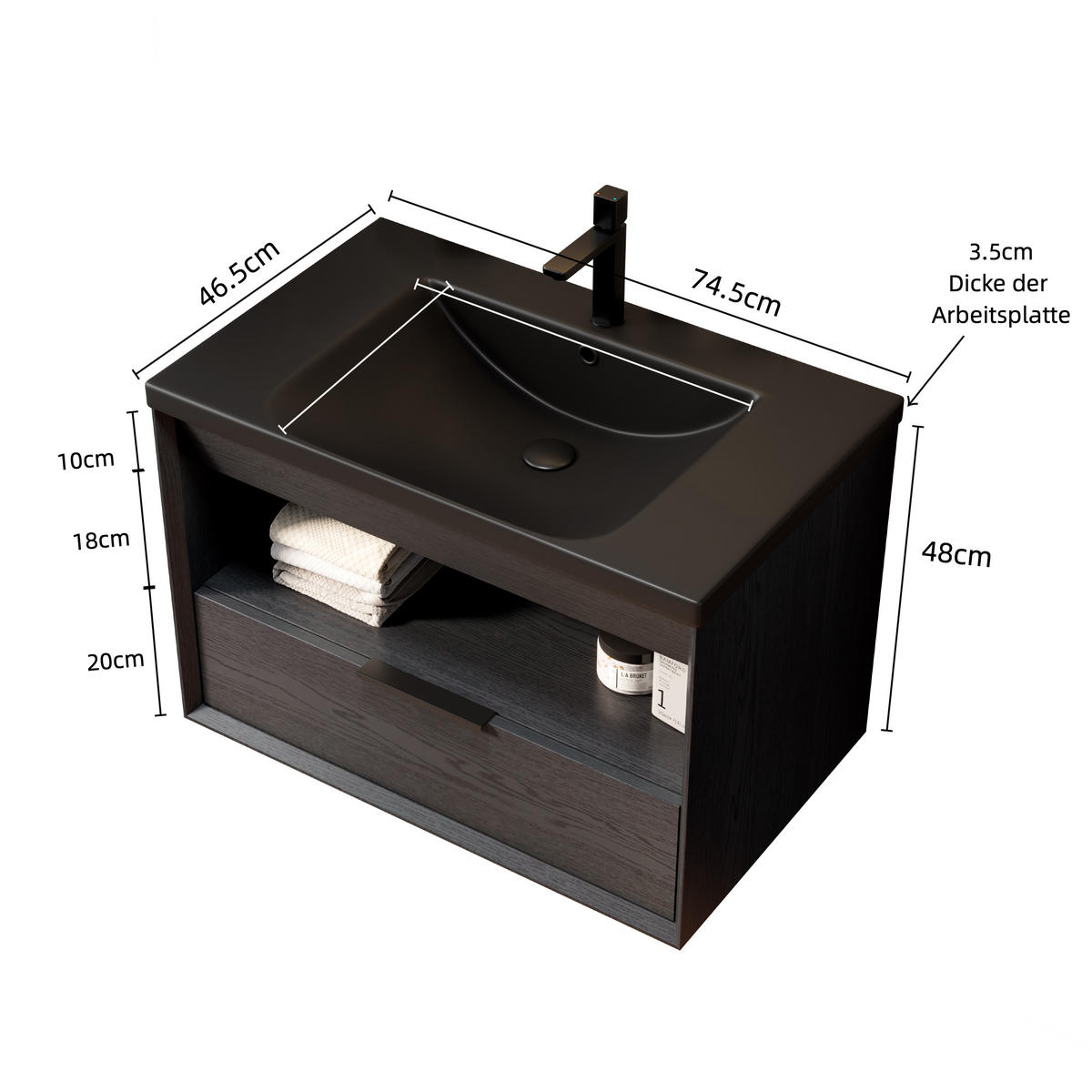 BADEZIMMERSCHRANK 74.5x46.5x51.5 cm Schwarz & Dunkle Eiche aus Keramik & Sperrholz - Schwarz, Keramik (74.5/51.5/46.5cm) - Modfu