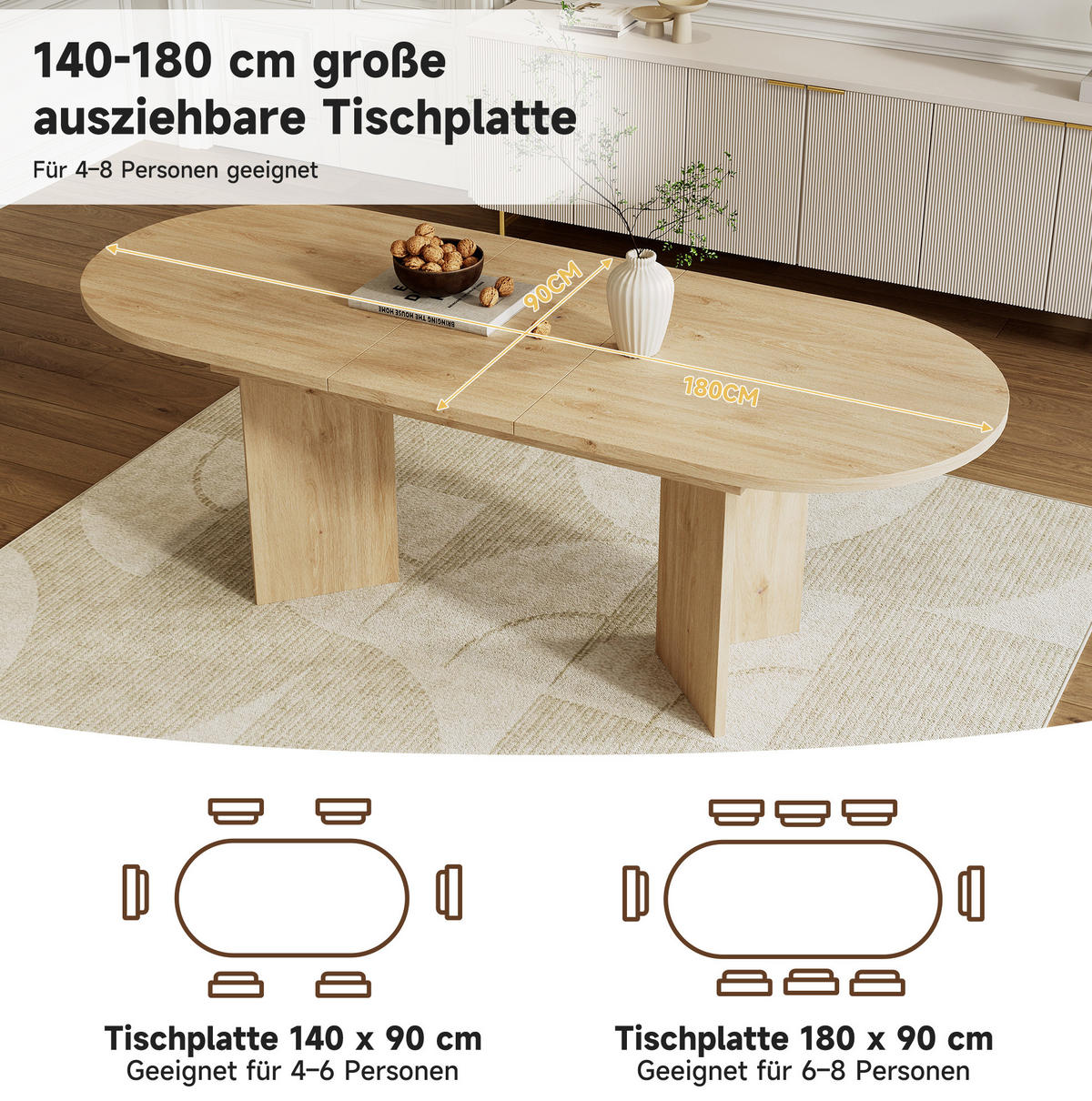 JEDILNA miza 140/180/90 cm raztegljiva, z zaobljenimi robovi in 18 mm ojačano ploščo, Hrast - barve hrasta, leseni material (180/90/75cm) - Redom