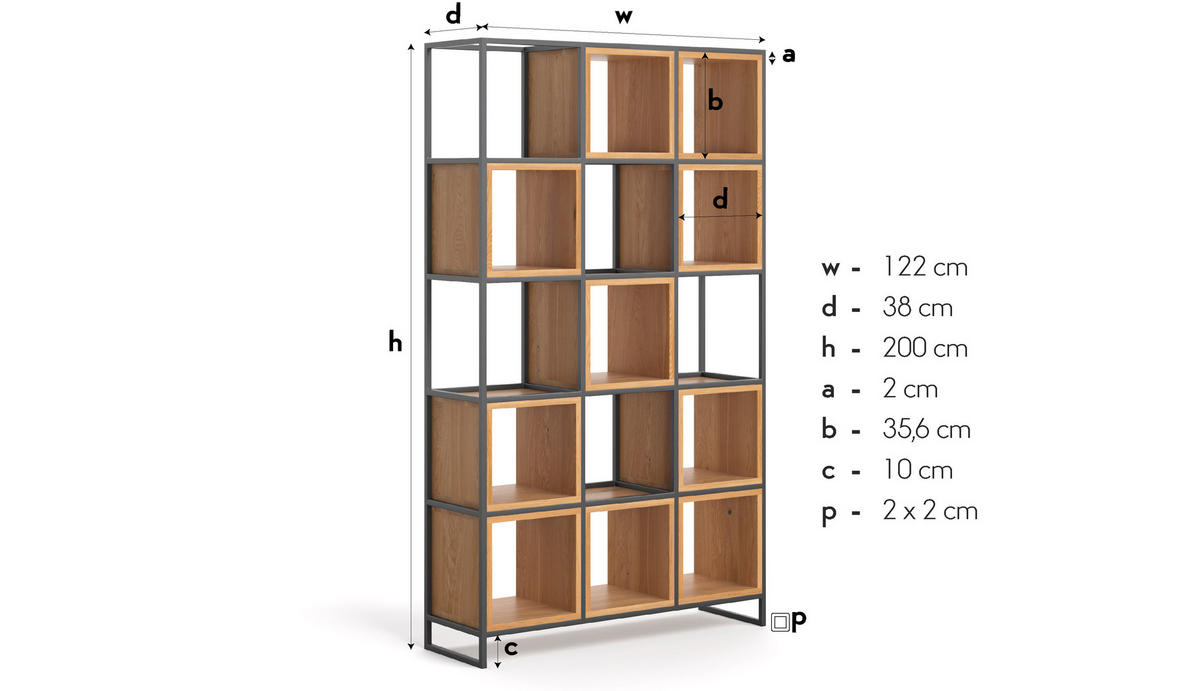 REGAL Frame aus massivem Eichenholz - Eichefarben/Naturfarben, Holz (122/200/38cm) - Danzz