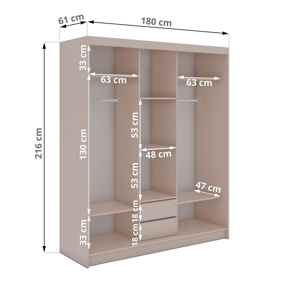 SCHWEBETÜRENSCHRANK mit Spiegel und Schubladen - WALENCJA - 180 - Kaschmir-Grau lacobel - Kaschmir/Alufarben, Holzwerkstoff/Metall (180/216/61cm) - MKS
