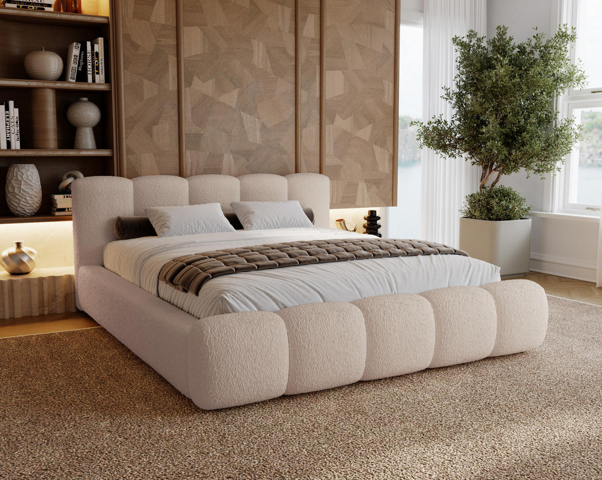 POLSTERBETT bouclé 200x200 Ravello mit Bettkasten, Lattenrost, Beige - Beige, Holz/Textil (200/200cm) - Emporius