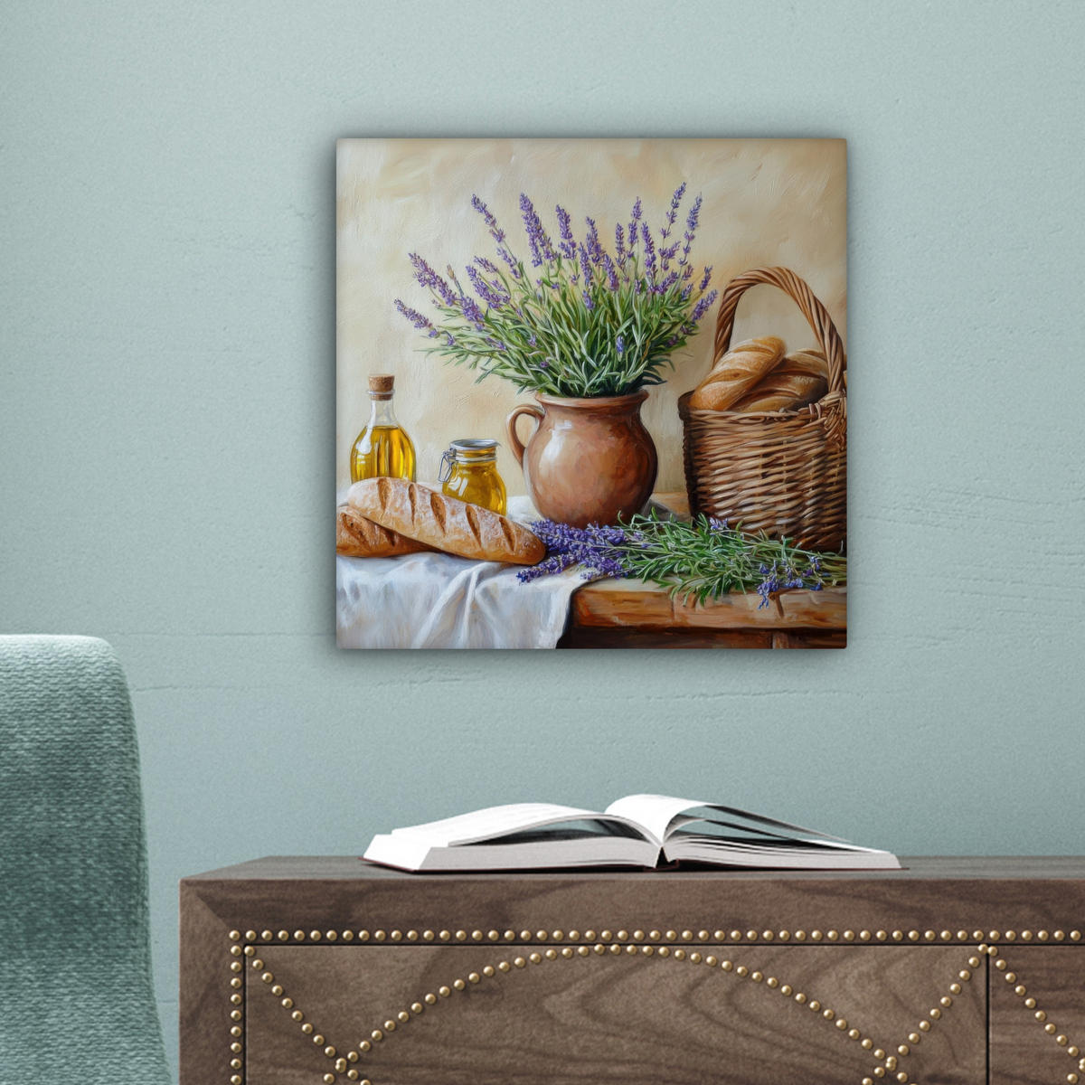 LEINWANDBILD Lavendel - Brot - Stilleben 20x20 cm - Flieder, Textil (20/20cm) - MuchoWow