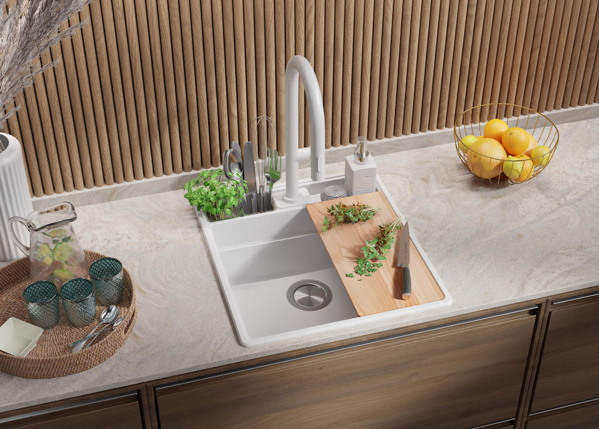 GRANITSPÜLE New York, 2-er set Weiß 48/53 cm 1 Becken + Küchenarmatur 38/14 cm + Ablauf-Set + Küchenzubehörset ab 50er Unterschrank - Chromfarben/Beige, Kunststoff (48/20/53cm) - Primagran