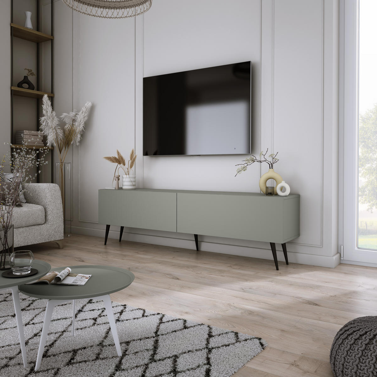 TV-SCHRANK : Aloe, 140 x 52 x 32 cm, schwarze Beine - Schwarz/Grün, Holzwerkstoff/Metall (140/52/32cm) - 3XE LIVING